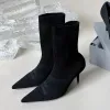 Punhos de marca, meias com nervuras, botas de salto alto, botas de bicicleta com cadarço de couro preto de malha elástica, sapatos femininos de grife de luxo, sapatos de fábrica 8,5 cm