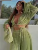 Kadınlar Saplar Blazers Wsevypo Yeşil Pileli 2pieces Pantolon Setleri Katı Parlama Uzun Kollu Bandaj mahsulü Üstleri Geniş Bacak Gevşek Kıyafetler 230809