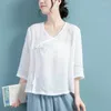 Bluzki damskie Chińskie styl cienki bawełniana i lniana haftowa bluzka dla kobiet 2023 Letnia kobieta krótkie rękawy luźne ulepszone hanfu