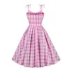 Urban Sexy Dresses Women Vintage Barbiee Pink Plaid Dress Retro Rockabilly Bowtie Suspenders Cocktail Party 1950s 40s Swing Dress Summer Dress 230809