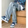 Men's Pants Man Jeans 2023 Y2k Spring Fashion Paste Cloth Five-pointed Star Wide Leg Blue/ Black Size M-2XL Clothing