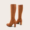 Laarzen Dikke Hak Knie Hoge Vrouwen Ronde Neus Lange Suede Bruin Zwart Herfst Schoenen 2023 Mode Retro Scharnier Vrouw zip