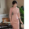 Ethnic Clothing Oriental Cheongsam Elegant Pink Plaid Young Style Simple Retro Long-sleeved Improved Daily 2023 Casual Party Spring Dress