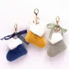 Lace Bow-Knot Christmas Boots Shape Ball Keychain Women Girl Elegant Cute Pompom Faux Fur Key Chain Bag Charms Keyring Party Gift