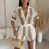 Women's Tracksuits Sexy Fishnet Knitted Short Sets Summer Beach Wear Women Sleeve Shirt And Mini Shorts See Through 2 Piece Club Outfits