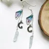 Dos Boucles d'Oreilles Lune Fée Cristal Papillon Aile Longue Chaîne Irrégulière