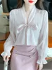 Kvinnor Bluses Satin Shirts Spring 2023 Solid Casual Slim Fit Bow Longeepes Top V-ringad damkläder Ycmyunyan