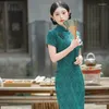 Vêtements ethniques Yourqipao 2023 été doux élégant vert Floral Cheongsam amélioré à manches courtes Qipao Style chinois robe de soirée pour
