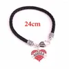 Charm Bracelets Family Member Jewelry Sister Carving Pave Cristal Heart Pingente com Corrente de Couro Preto Bracelete Garra de Lagosta