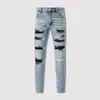 Mens Jeans Street Fashion Men Retro ljusblå elastisk stretch mager rippad läder lapped designer hip hop varumärke byxor 230809