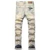 Retro Blue Ripped Patchwork Jeans For Men Embroidery Slim-Fit Straight Denim Pants Distressed Patches Trousers