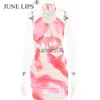 Basic Casual Jurken JUNI LIPS 2023 New Hanging Neck Vneck Hollow Out Dress Sexy Strakke gewikkelde hippe korte jurk Verjaardagsjurk voor dames Groothandel J2308009