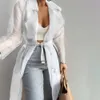 Women's Trench Coat Fashion See Through Outdoor Tops Lace Up Spring Solid Sheer Mesh Long Sleeve Buttoned With Belt Elegant Shirts 230808