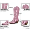 Botas Metálicas Botas de Cowboy Mulher Western Boots Para Mulheres Zip Bordado Bico Pontudo Salto Sapatos de Inverno Rosa Vermelho Dourado Metálico 230809