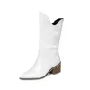 Botas de Couro Genuíno Branco Meia da Panturrilha Feminina Salto Alto Quadrado Bico Pontudo Curto Qualidade Western Cowgirl 6261-1