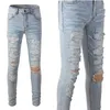 Mens Jeans Distressed Crystals Patchworks Hollow Out Stones Patches Light Blue Washed Slim Stretch Denim Size 2840 230809