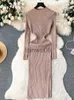 Basic Casual Dresses SINGREINY 2032 Autumn Knitted Solid Dress O Neck Long Sleeve Elastic Women Fashion France Elegant Slim Striped BodyconDress J2308009