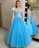 Eisblau One-Shoulder-A-Linie-Abschlussballkleid mit Spitzenapplikationen, Tüll, langes formelles Partykleid, Übergröße, ärmellos, Robe De Novia 326 326