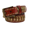 Bälten Western Cow Leather Hip Gold Plated Rivet High Quality Golden Pin Buckle Men Belt Fashion Punk äkta