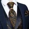 Chalecos de los hombres Traje de marca Conjunto de chaleco para hombres Seda de lujo Negro Oro Paisley Vestido Chaleco Corbata Gemelos Conjunto de pañuelo Chaleco sin mangas para hombre 230808