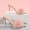 S Pink Femmes Feather Peep Toe Pointed Slippers Sexe Slip on Clear Talon Tlides Talons minces Foot Wears Summer par diapositive