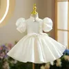 Girl Dresses Chinese Style Vintage Flower Stand Collar Puff Sleeve Bow Birthday Gowns Temperament Junior Bridesmaid