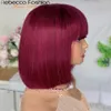 Synthetische pruiken 99J Gekleurd Kort 180D Recht Braziliaans menselijk haar Bobkapsel met pony Remy Full Machine Made for Women Hightlight Burgundy 230808