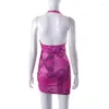 Vestidos Casuais Sexy Halter Sem Costas Mini Vestido Verão Moda Estampado Decote em V Roxo Feminino Cordão Bodycon Praia Aniversário Vestido de Verão