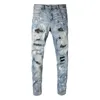 Mens Jeans ARRIVISS DIRVISERADE LIGHT BLÅ MALLY RIPPAD STREETSKAV DAMED RHINSTONES Målad Slim Fit Stretch förstörd 230809