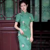 Etnische Kleding Vrouwen Traditionele Chinese Groene Bloemenprint Jurk Vintage Mandarijn Kraag Qipao Lange Slanke Hoge Split Cheongsam