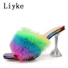 liyke 9cm透明なハイヒールファースリッパ女性フェザーサンダルピープトウモールポンプスライドパーティーシューズピンク230808