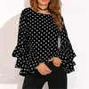 Kvinnors blusar skjortor kvinnor polka dot skjortor vår mode o nacken långärmad blus femininas casual svartvita toppar skjorta 230808