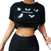 Damen T -Shirts Mode Schmetterling gedruckt Navel Crop Top Frauen O Hals lose Kurzarm Drawess T -Shirt Sommer Casual Sports