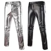 Men's Pants Solid Color Button Men Casual Trousers Faux Leather Skinny Motorcycle Club