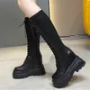 Stivaletti lunghi in pelle PU con cinturino incrociato da donna Stivali alti al ginocchio moda Donna Autunno Suola spessa Sneakers con plateau Botas Mujer L230704