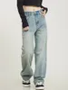 Jeans masculino estilo high street lavado e feminino retrô com perna larga e reta, calças largas e casuais da moda