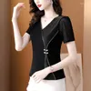Women's T Shirts V-neck Black Silk Short Sleeve T-shirt Chiffon Shirt 2023 Spring/Summer Fashion Splice Bright Slim Top