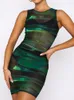 Casual Dresses Green Mesh Abstract Printed Perspective Crew Neck Sleeveless Women's Sexy Chic Pullover Wrap Hip Dress Club Party Clothes