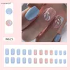 Falska naglar 24st nagel ljusblå rosa bladtryck design tryck på tips tipching falsk kvinna diy hem finger dekoration