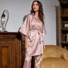 Indumenti da notte da donna Pigiama estivo in rayon Pour Femme Vestiti per la casa Tre pezzi Sleep Set con SlingPants Kimono sexy Abito abito Camicia da notte