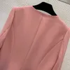 2023 Autumn Pink / Blue Solid Color Panel Dress Long Sleeve V-Neck Double Pockets Single-Breasted Casual Dresses B3G082339