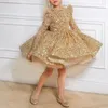 Vestidos para meninas Luxo Brilhante Dourado Manga Longa Vestido de Aniversário para Meninas com Laço em Camadas Robe Vestido de Baile Princesa 2023 Primavera Flor