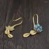 Boucles d'Oreilles Pendantes Style Bohème Métal Fait Main Huile Bleu Lotus Série Longue Femme