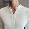 Autumn New Solid Waffle Long Sleeve Strängs t -skjortor för män kläder 2022 V Neck Button Decor Slim Fit Casual Tee Shirt Homme