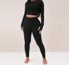 Pantaloni da donna a due pezzi da jogging Abbigliamento sportivo Completi di vestiti Set di vestiti Sexy a maniche lunghe Girocollo Top Glutei Set di matite avvolte Estate 2023