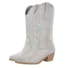 Stövlar endast tillverkare kvinnor knä höga tossor glitter bling glänsande western spetsig tå block häl dra på cowgirl 230810