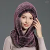 Scarves Rex Fur Hat Hooded Scarf Winter Knitted Hats For Woman Warm With Neck Collar Natural