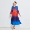 Casual Dresses 2023 Autumn Gradient Blue Printed Pleated Dress Elegant Miyake Women V Neck Flare Sleeve Stretch Lace Up Belt Long Vestidos