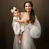 Charming Pearls Bridal Bathrobe Sweetheart Puffy Sleeve Womens Photo Shoot Dress Front Slit Night Robe Maternity Photography Wear