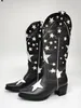 Boots Women Western Boots Embroidered Fashion Chunky Heel Shoes Woman Star Design Slip On Cowboy Cowgirl Boots Black Brand 230809